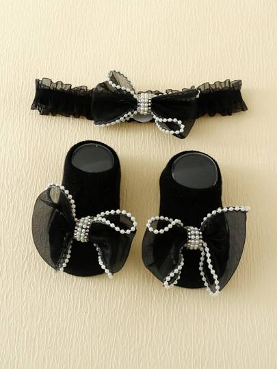 1pair Baby Girls' Black Bowknot Anti-slip Floor Socks And 1pc Baby Girls' Headband