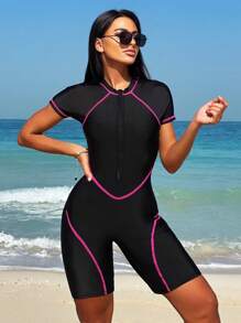 Quần short thể thao nữ màu trơn, phối viền tương phản, khóa kéo phía trước ngực, kiểu dáng lướt sóng, thích hợp cho kỳ nghỉ hè ở bãi biển, màu đen. - màu đen - Xem 2