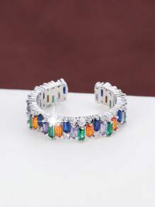 1pc Fashionable Step Cut & Square Shaped Rhinestone Decor Adjustable Opening Ring - Silver - View 2