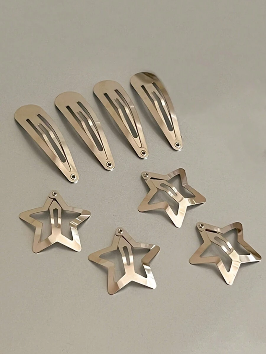 8件套女士银色金属星星发夹，适合购物和日常佩戴，甜美可爱的发饰套装，街头风，Y2ky2k 爪夹发爪发卡