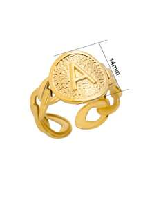 1入組不鏽鋼字母印章戒指,男女均適用的鍊環字母名字戒指 - 金黃色 - 查看 9