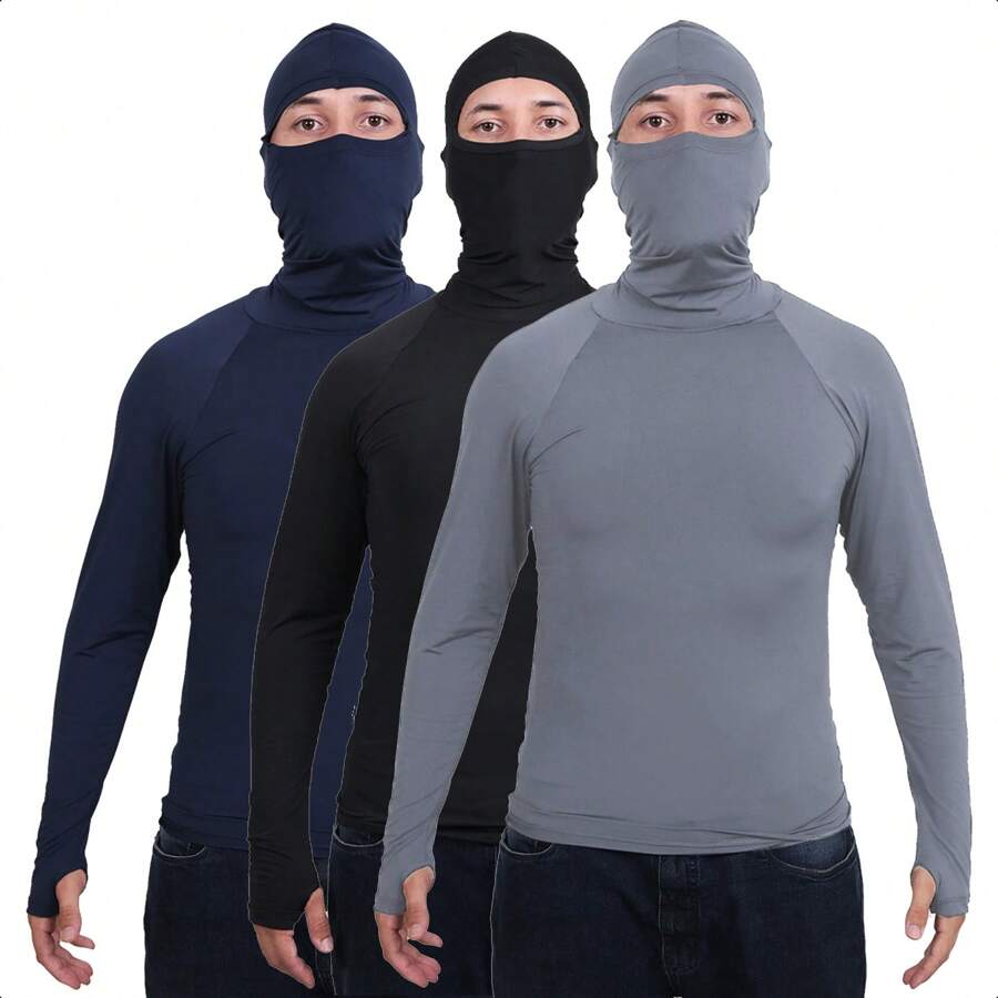 Kit 03 Camisas Segunda Pele Masculina com Touca Balaclava Termica Proteção Solar UV50 - Multicolorido - Visão 1