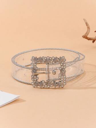 Party 1pc Rhinestone-Studded Floral Buckle Beaded Edge Leather Belt (Note: One Size, Puncher Included In The Package, Not For Other Sizes) Summer, School Fall, Autumn, Halloween