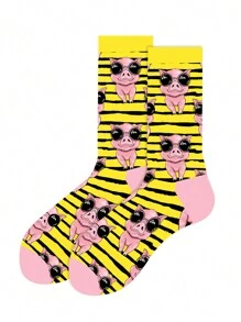 1pair Men's Comfortable Personalized Versatile Glasses & Pig Print Mid-Calf Socks, Fall - Multicolor - View 1