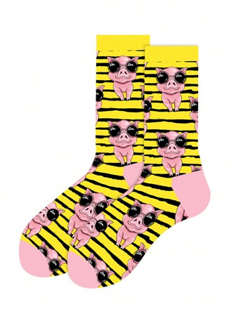 1pair Men's Comfortable Personalized Versatile Glasses & Pig Print Mid-Calf Socks, Fall