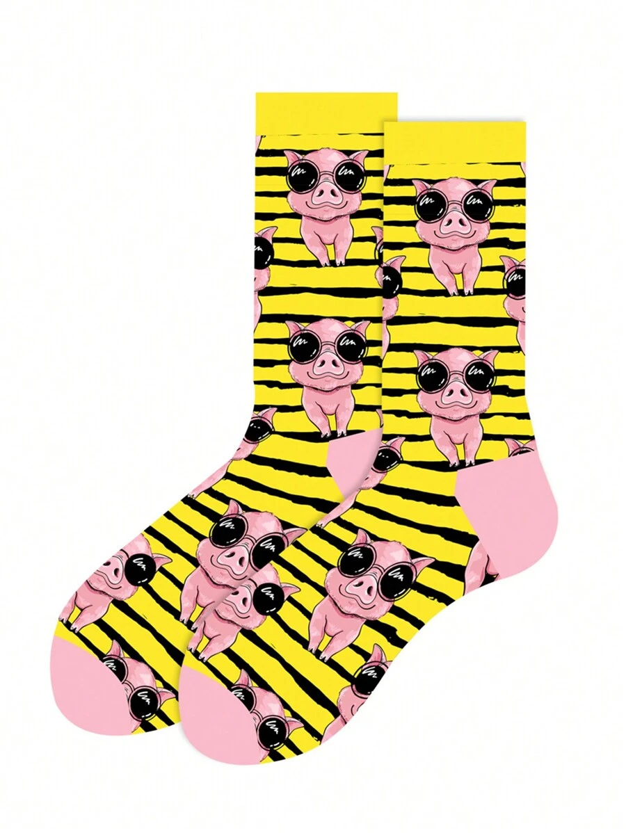 1pair Men's Comfortable Personalized Versatile Glasses & Pig Print Mid-Calf Socks, Fall - Multicolor - View 1