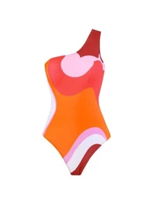 2025 New Women's Colorblock One-Piece Swimsuit With Chiffon Cover-Up Skirt, Vintage European And American Swimwear Bathing Suit, Free Size Summer