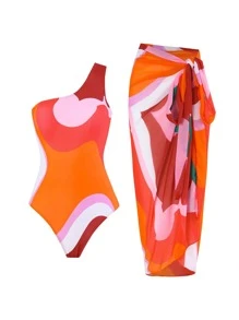 2025 New Women's Colorblock One-Piece Swimsuit With Chiffon Cover-Up Skirt, Vintage European And American Swimwear Bathing Suit, Free Size Summer