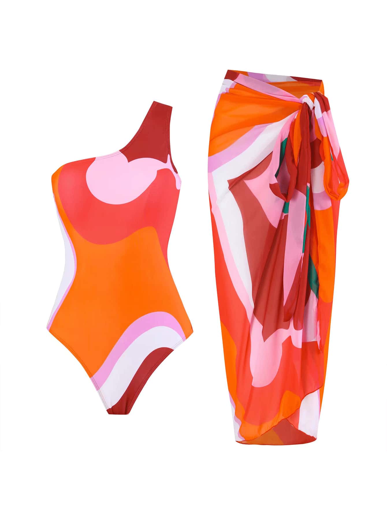 2025 New Women's Colorblock One-Piece Swimsuit With Chiffon Cover-Up Skirt, Vintage European And American Swimwear Bathing Suit, Free Size Summer