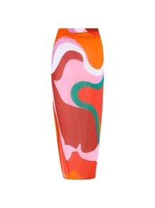 2025 New Women's Colorblock One-Piece Swimsuit With Chiffon Cover-Up Skirt, Vintage European And American Swimwear Bathing Suit, Free Size Summer