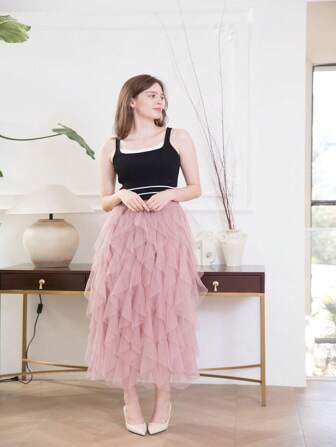 女士不对称分层荷叶边蛋糕裙配网眼下摆裙，1 件