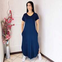 Vestido Plus Size Longo Feminino Festa Manga Curta Viscolycra Malha com Bolso Promoção - Azul Marinho - Visão 3