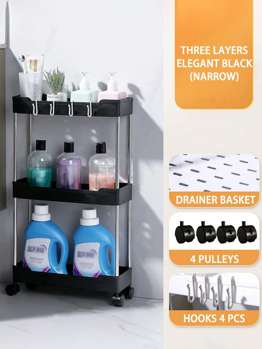 Multilayer Slim Rolling Cart Stand For Living Room, Bathroom, Laundry And Kitchen Organization - Black - View 1