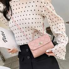 1 件迷你女式菱形壓花單肩包,鏈帶扣裝飾斜挎包,翻蓋手提包,適合工作 - 粉色 - 查看 2