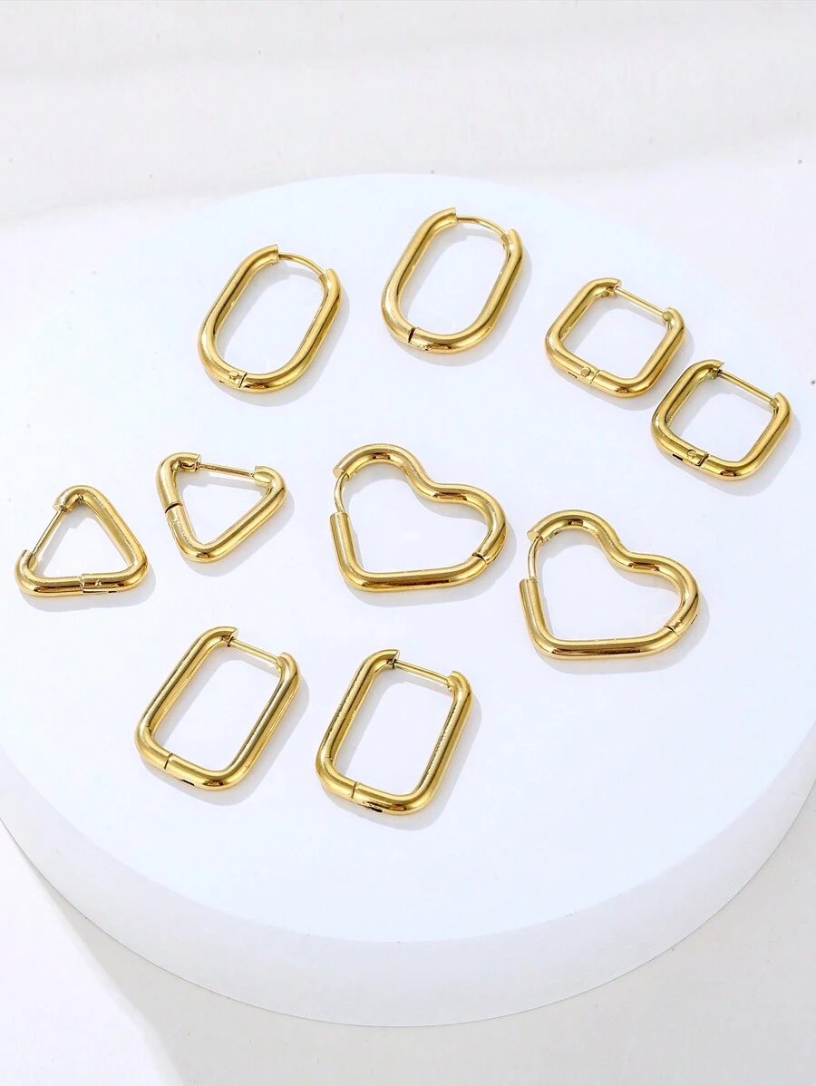 5pairs Golden Stainless Steel Clasp Line Earrings In Asymmetric Shapes