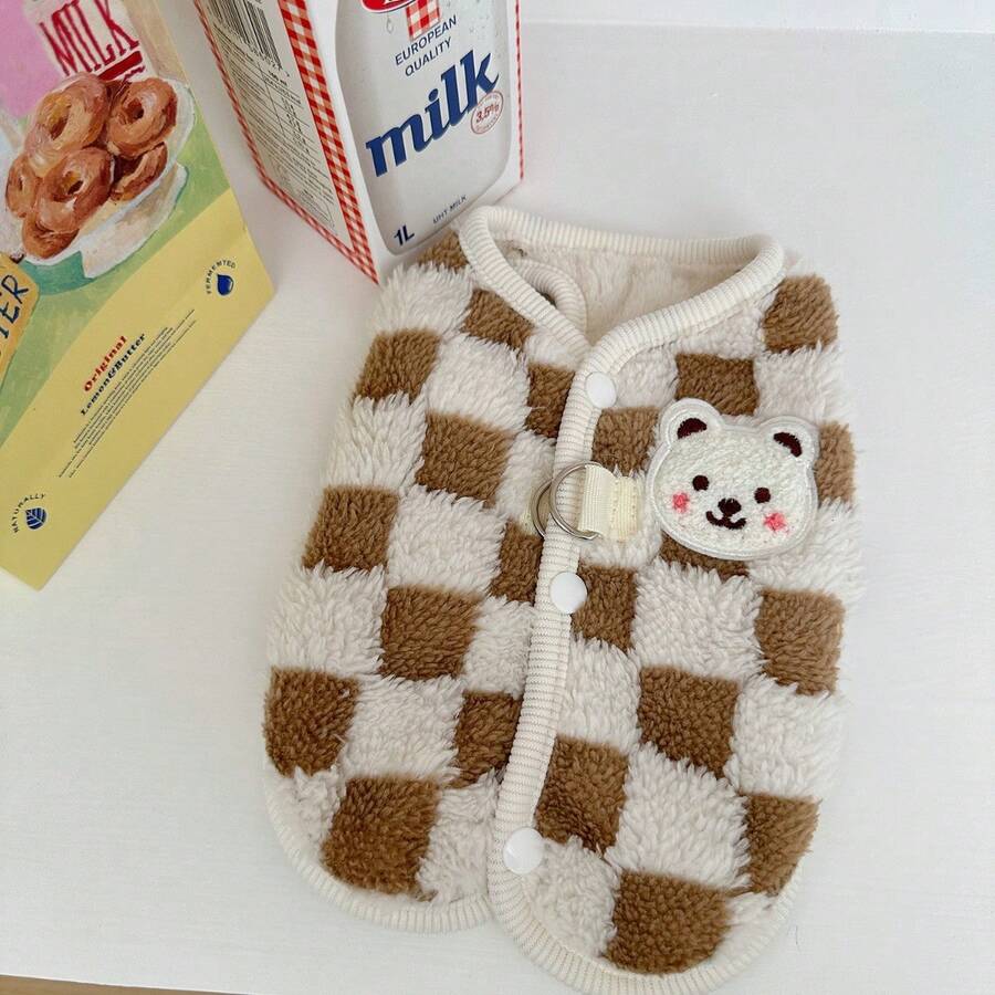 1pc Warm Pet Clothes Soft Grid Plush Vest For Autumn/winter With Drawstring & Harness Hole, For Chihuahua & Yorkie - Brown - View 1