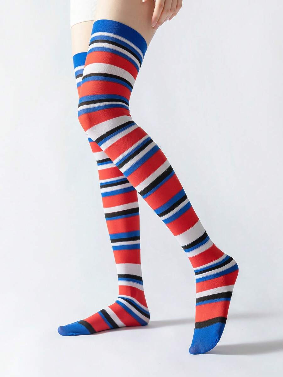 1pair Women's Stylish Blue And Red Striped Knee-High Socks With Creative Personalized - Multicolor - View 1