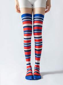 1pair Women's Stylish Blue And Red Striped Knee-High Socks With Creative Personalized - Multicolor - View 6