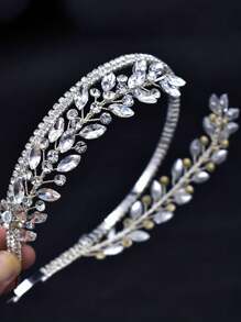 1件新娘银色水钻手工发箍，适合搭配婚纱和妆容，优雅波西米亚风头饰，情人节配饰