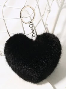 1pc Rainbow Heart Shaped Fluffy Ball Keychain Car Key Holder - Black - View 3
