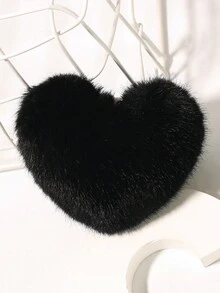 1pc Rainbow Heart Shaped Fluffy Ball Keychain Car Key Holder - Black - View 2