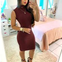 Vestido Canelado Feminino Midi Gola Alta Malha Canelada