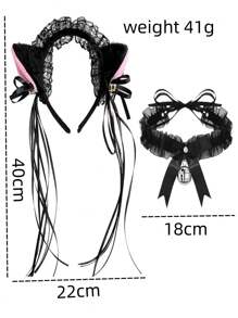 2 件/套女士黑色蕾絲貓耳髮帶帶喇叭領裝飾髮飾 - 黑色 - 查看 3