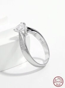 Jessie Jewelry 1pc Elegant Romantic 925 Sterling Silver Cubic Zirconia Round Main Stone Ring, Dating Wedding Engagement Gift - Silver - View 3