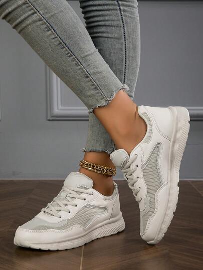 Pantofi sport ocazional, cu plasă, respirabili, de damă, culoare uni, vârf rotund, decoltat, cu șireturi, toc plat, exterior, patru anotimpuri, bej