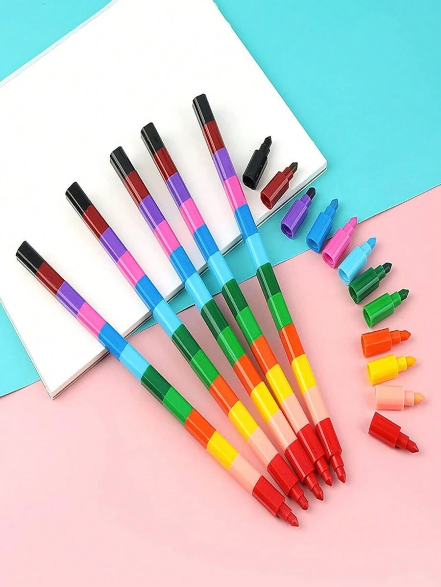 2 piezas apilado Lápices de color apilable construible Lápices de color de colores Crayón para escuela oficina suministros , 12 colores - Multicolor - Ver 1