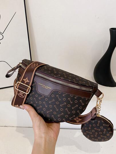 Fashionable Women's Pu Geometric Pattern Waist Bag With Coin Purse , Women Bag With Dime Bag