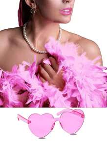 2入組熱粉色羽毛圍巾和心形眼鏡裝飾,彩色羽毛圍巾,適用於假期派對、公雞派對、萬聖節、聖誕節 - 粉色 - 查看 3