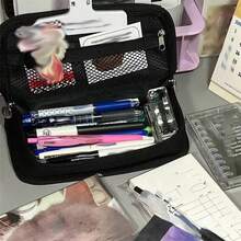 1PC  Large Capacity Pencil Case: Checkerboard Lattice Design, Canvas Multifunctional Pencil Bag for Students - Black and White - View 2