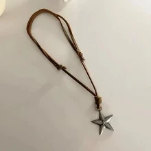 Vintage Pu Leather Rope Punk Star Shaped Long Pendant Necklace With Adjustable Chain - star leather rope - View 7