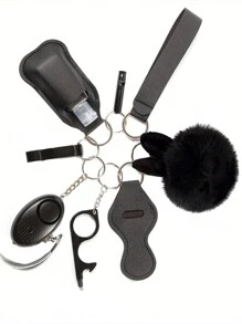 Bộ móc khóa an toàn bằng da Pu 9 chiếc, Bộ móc khóa an toàn có báo động cá nhân, Phụ kiện móc khóa bảo vệ làm quà tặng ngày lễ cho phụ nữ/bé gái - màu đen - Xem 1