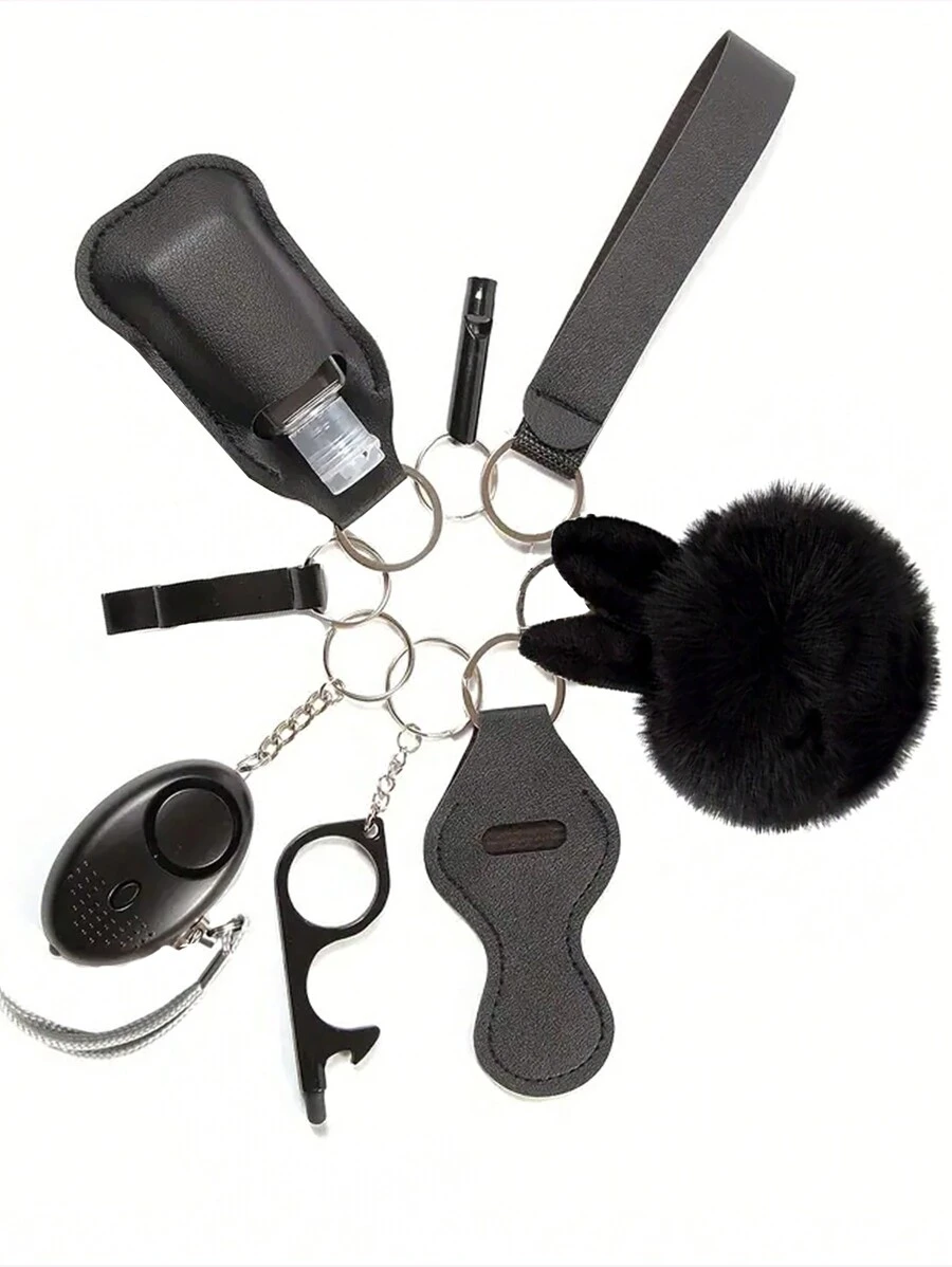 Bộ móc khóa an toàn bằng da Pu 9 chiếc, Bộ móc khóa an toàn có báo động cá nhân, Phụ kiện móc khóa bảo vệ làm quà tặng ngày lễ cho phụ nữ/bé gái - màu đen - Xem 1