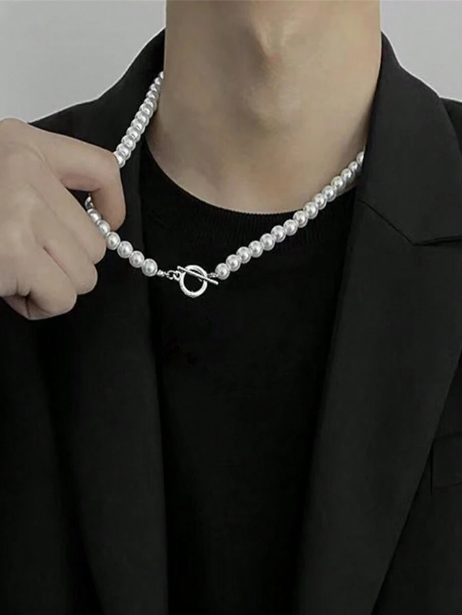 1條白色玻璃人造珍珠串珠項鍊，男士個性化度假禮物吊墜項鍊，適合日常佩戴