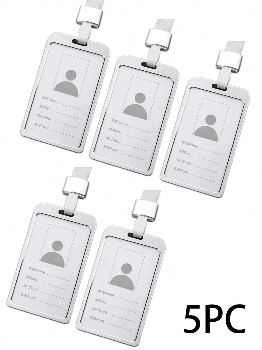 Vertical Aluminum Alloy Badge Holder Pack Of 5, Badge ID Card Case With Neck Strap Ideal For Office, Business, Work, School Supplies - 銀色 - 查看 1