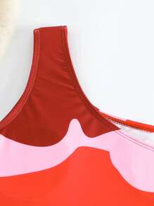 2025 New Women's Colorblock One-Piece Swimsuit With Chiffon Cover-Up Skirt, Vintage European And American Swimwear Bathing Suit, Free Size Summer