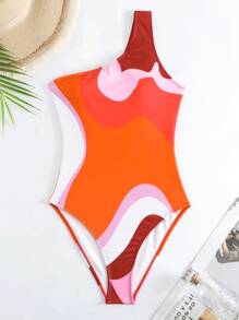 2025 New Women's Colorblock One-Piece Swimsuit With Chiffon Cover-Up Skirt, Vintage European And American Swimwear Bathing Suit, Free Size Summer