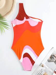 2025 New Women's Colorblock One-Piece Swimsuit With Chiffon Cover-Up Skirt, Vintage European And American Swimwear Bathing Suit, Free Size Summer