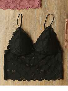 性感蕾絲條帶三角形杯子無鋼圈內衣,女性黑色露背胸罩 - 黑色 - 查看 3
