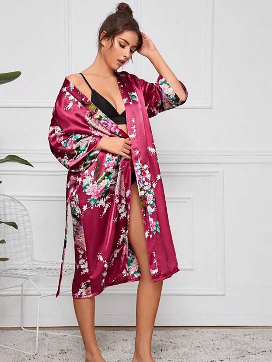 1pc Peacock Print Long Women's Bathrobe - Rose Red - View 1