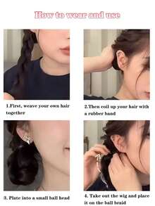 Wig Braid Ballet Style Girly Bowknot Ribbon Tied Foam Bubble Braid Sweet Natural Double Ponytail - Black - View 6