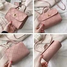 1 件迷你女式菱形壓花單肩包,鏈帶扣裝飾斜挎包,翻蓋手提包,適合工作 - 粉色 - 查看 4