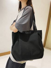 1pc Fashionable Simple Black Large Capacity Nylon Tote Bag For Daily Use, Can Hold 10-inch Tablet, Zippered Closure, Lightweight, Waterproof - Black - View 1