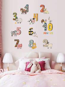 1 Pieza Pegatina De Pared Con Patrón De Animales De Caricatura Y Números Abstractos, Calcomanía Impermeable Autoadhesiva De Pvc Para Decoración Del Hogar - Multicolor - Ver 1