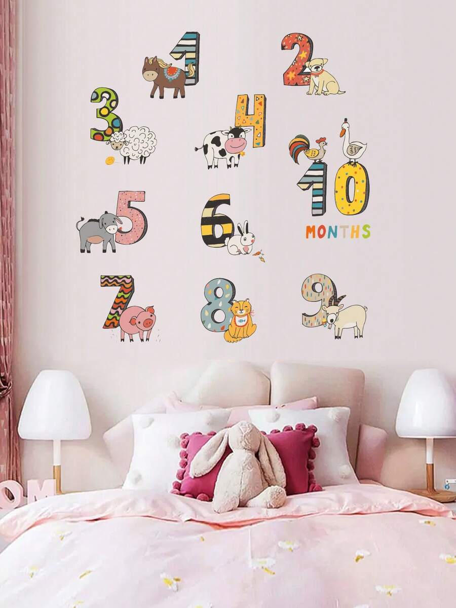 1 Pieza Pegatina De Pared Con Patrón De Animales De Caricatura Y Números Abstractos, Calcomanía Impermeable Autoadhesiva De Pvc Para Decoración Del Hogar - Multicolor - Ver 1