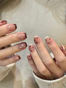 24 Unids/set De Uñas Postizas Cuadradas Cortas De Color Carne Y Caqui Con Diseño De Estrella Francesa, Incluyendo Pegamento De Gelatina, Una Lima De Uñas Y Un Palo - Multicolor - Ver 1