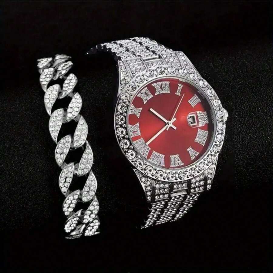 Classic Luxury Full Rhinestone Brilliant Men's Watch Bracelet Set Fashion Calendar Quartz Watch - Red - View 1